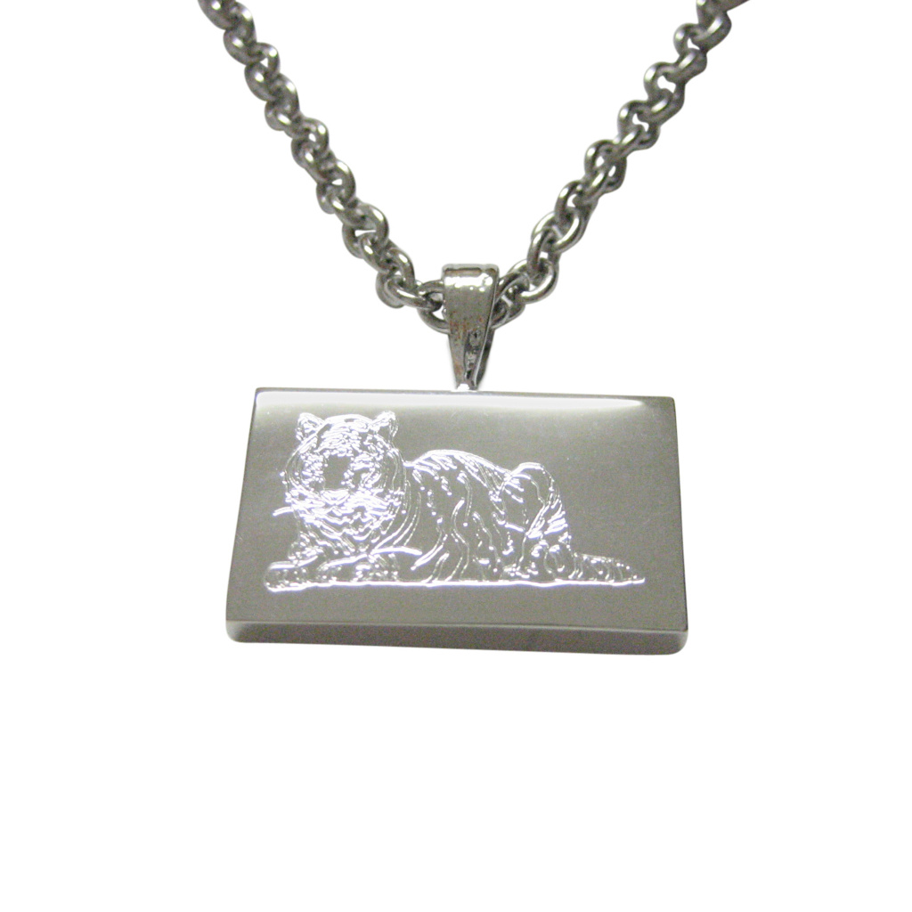 Silver Toned Etched Resting Tiger Pendant Necklace 30$